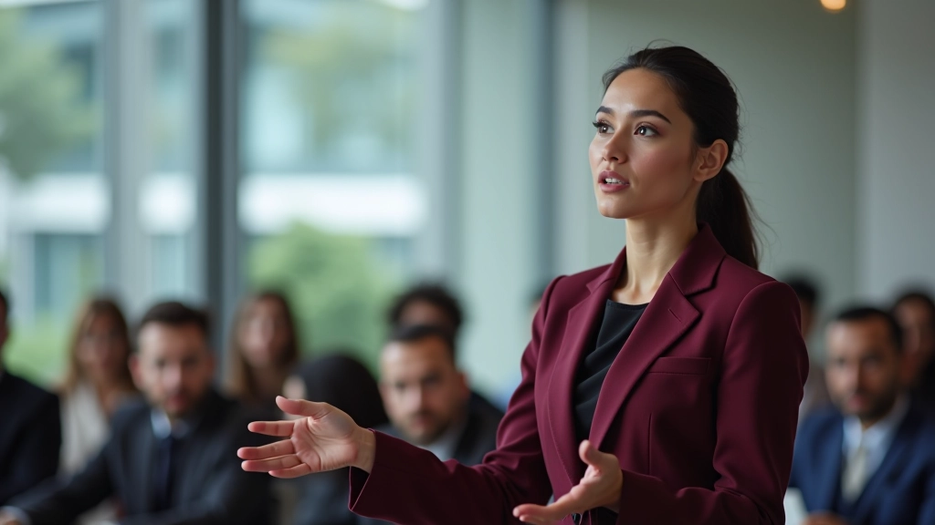 Speaker demonstrating voice projection technique to audience in large conference room