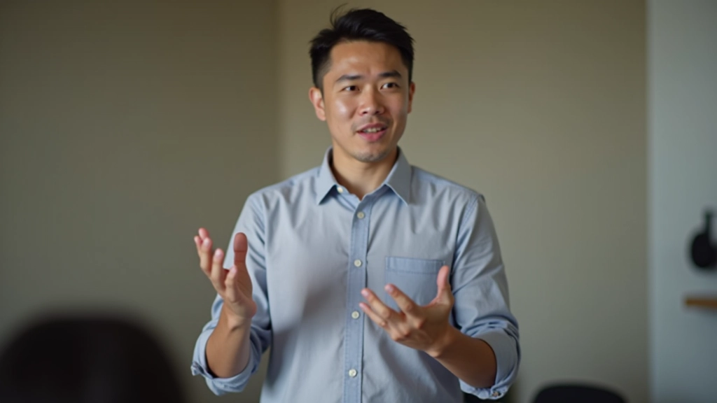 Man practicing presentation techniques with hand gestures in training studio