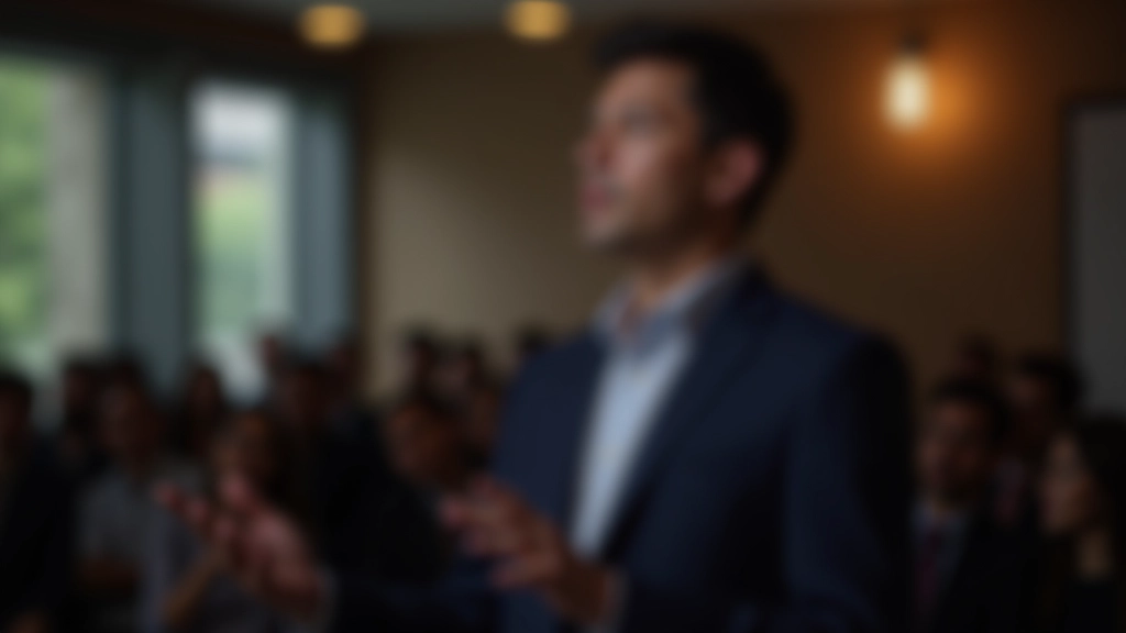 Speaker maintaining eye contact with audience members while delivering presentation with open body language and natural hand positioning