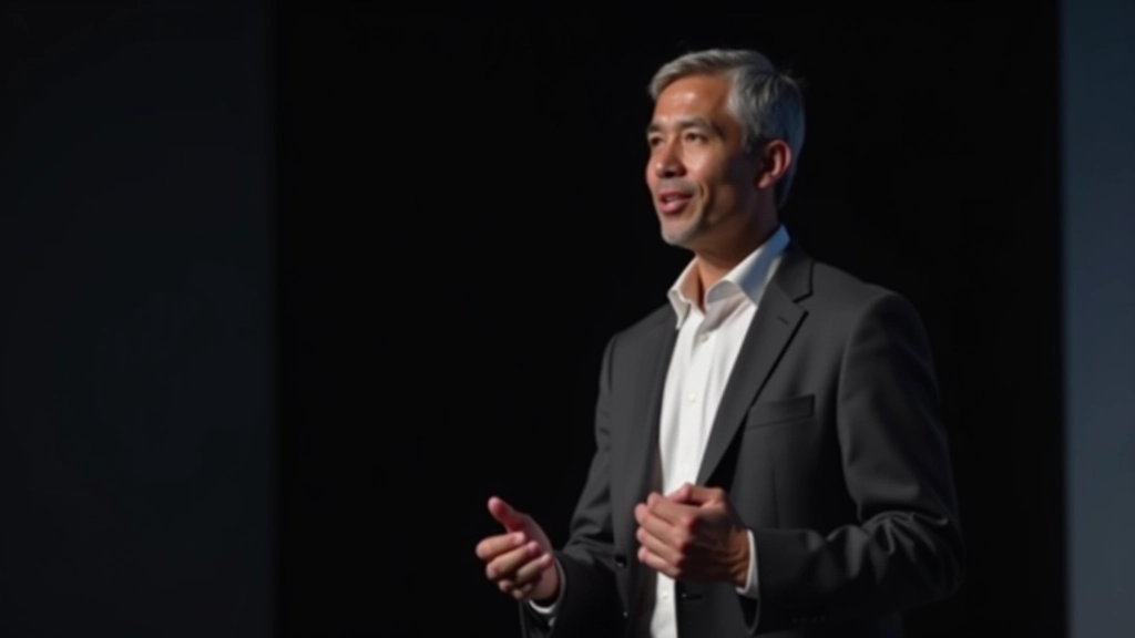 Professional presenter gesturing expressively while sharing a story at corporate presentation podium