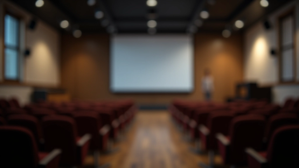 Modern training facility with presentation stage and comfortable seating arrangement