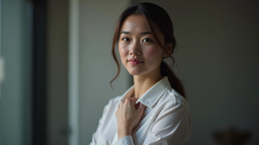 Woman with hand on chest, breathing exercise demonstration, calm focused expression, soft lighting, professional setting