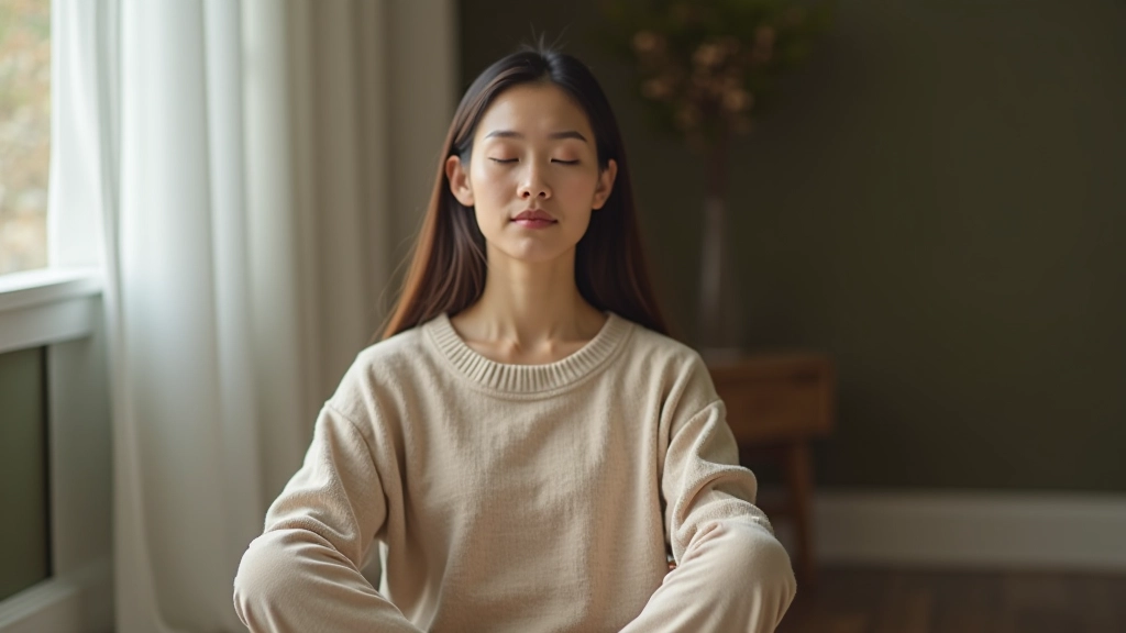 Woman sitting in meditation pose, eyes closed, calm expression, soft natural lighting, minimal background, peaceful atmosphere