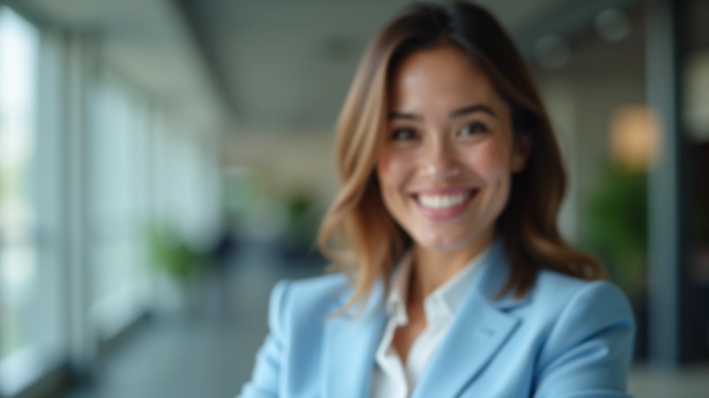 Close-up of woman with confident expression, warm smile, natural office lighting, professional appearance