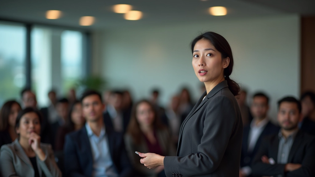 Professional woman delivering engaging presentation to diverse audience with confident posture and clear hand gestures in modern conference room
