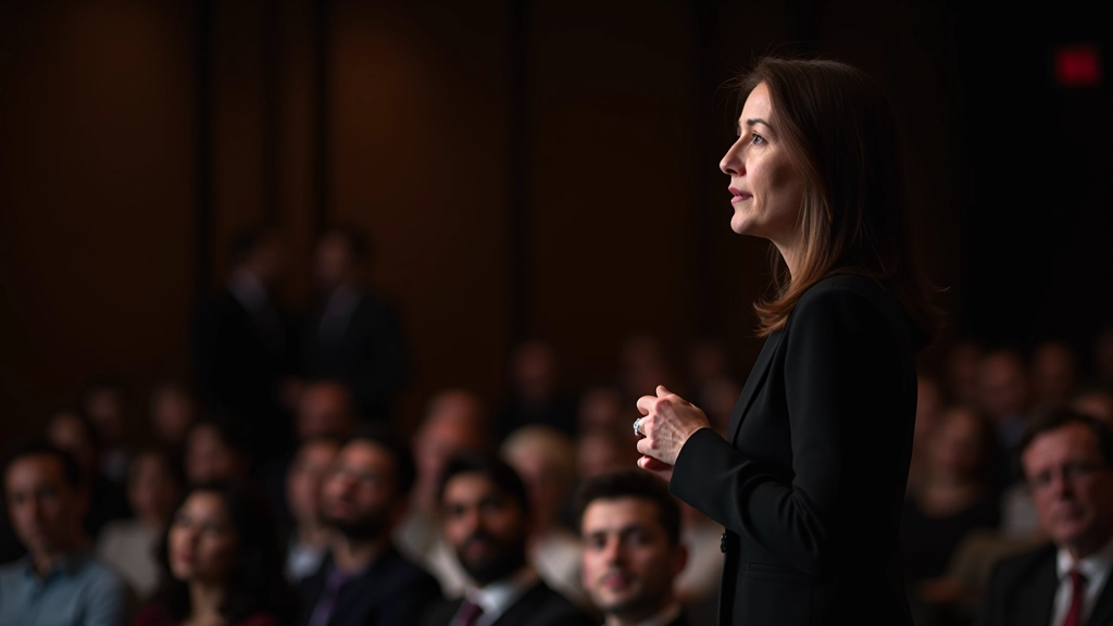 Speaker pausing thoughtfully during presentation with audience listening intently