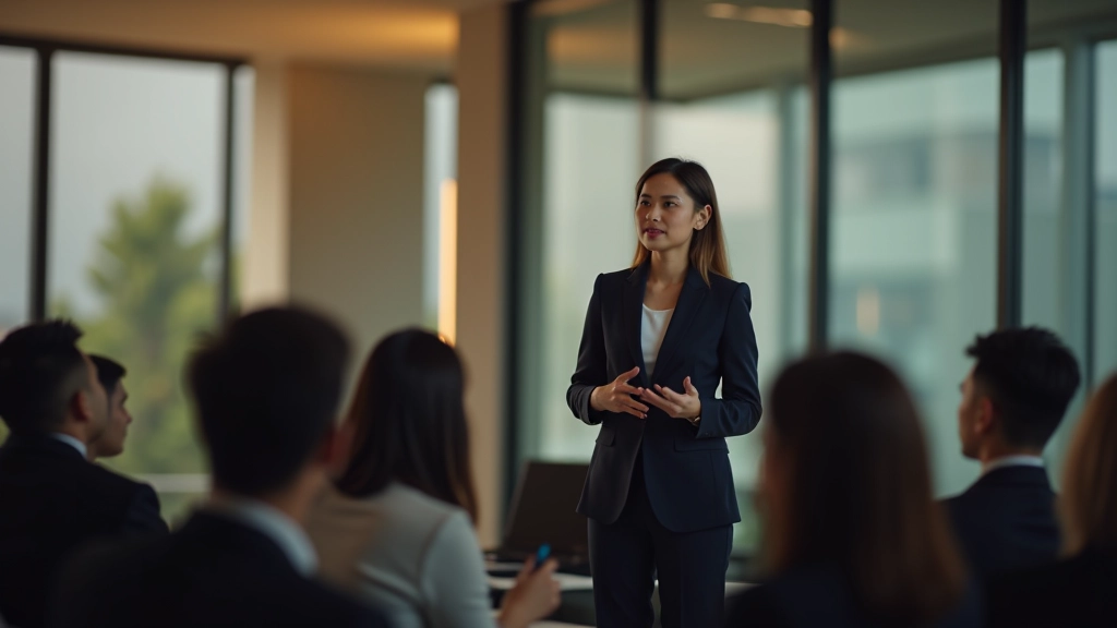 Professional woman delivering presentation in modern conference room with audience seated