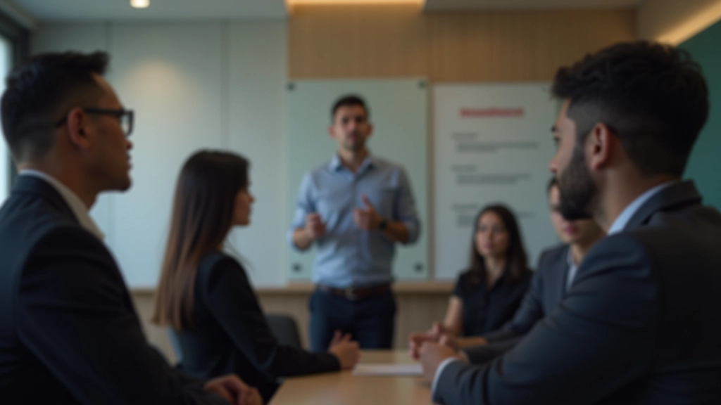 Small group of people in workshop setting, practice speaking exercise, supportive environment, professional coach observing, modern training room
